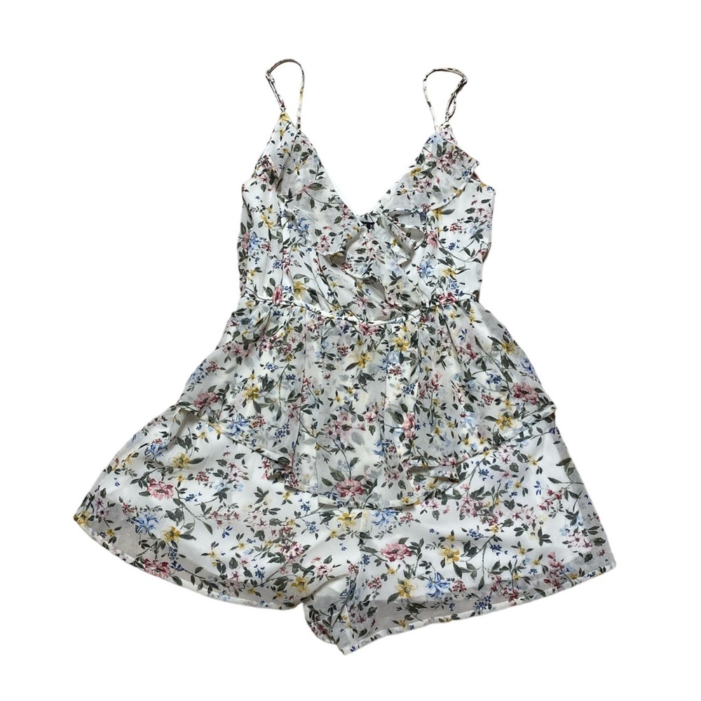 Trixxi Tiered Romper Women’s S White Floral Ruffle V Neck Shorts Casual Jumpsuit